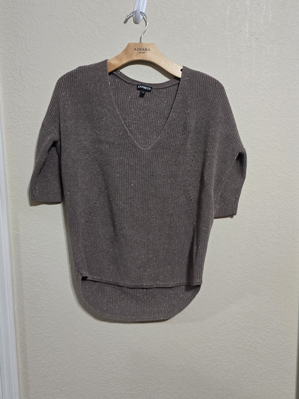 Express Women’s V-Neck Short Sleeve Sweater in Taupe with Subtle Sparkle